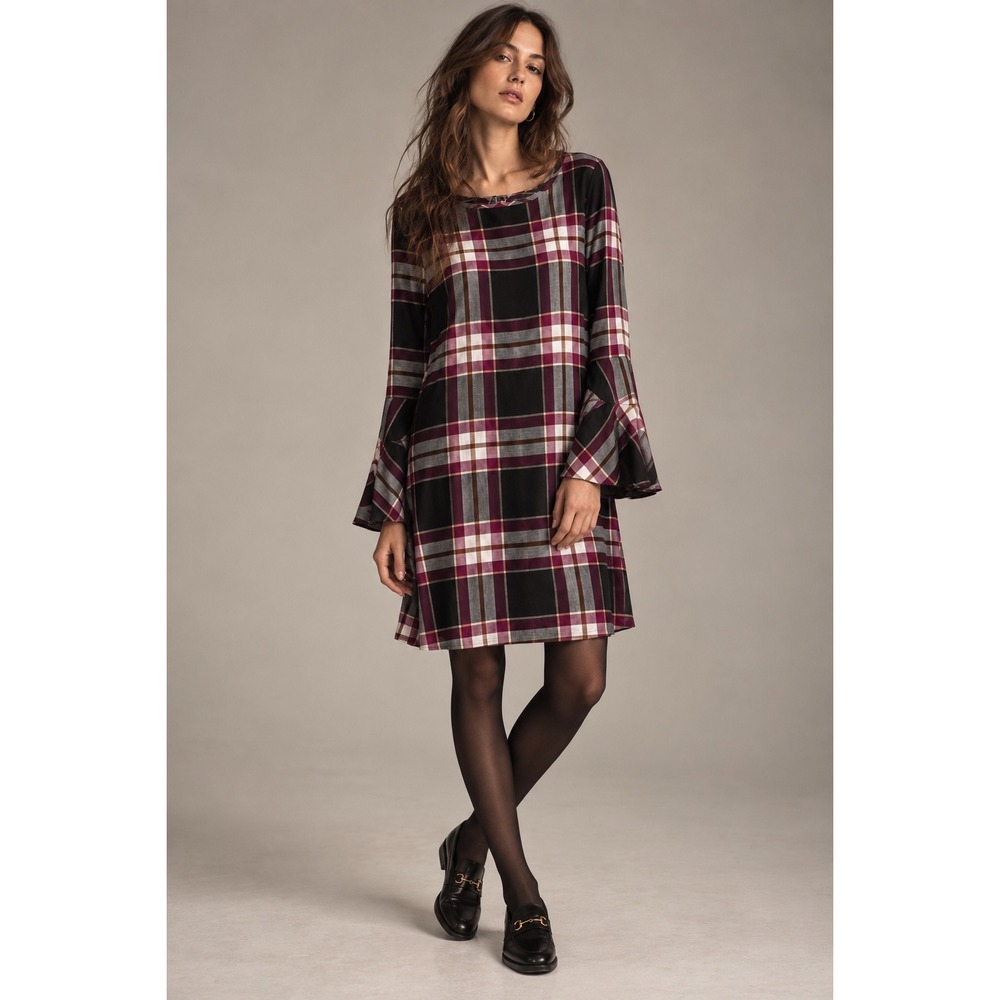 Ann Taylor LOFT Plaid Bell Sleeve Shift Dress Burgundy Black 6 Dark Academia